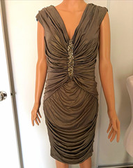 Cache Brown Solid Ruched V-Neck Sleeveless Sheath Knee Dress Rhinestone, L