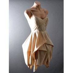 Beige Tan Brown Steampunk Victorian Gothic Western Asymmetric Bustle Dress S M L