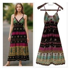 Vtg She&rsquo;s Cool Boho Geometric Tribal Sleeveless Maxi Sundress Y2K Beach Resort M