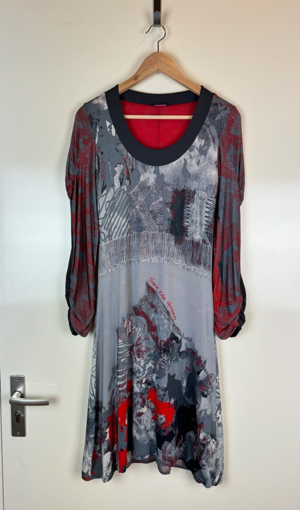 SAVE THE QUEEN Multicolor Midi Dress Avant Garde Gothic Art Deco Logo Wolfs M
