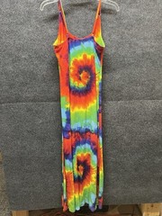 Tie Dye Multicolor Rainbow Spiral Scoop Neck Spaghetti Strap Maxi Dress S