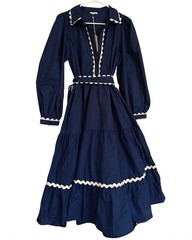 Jodifl Dress Long Maxi Long Sleeve Navy Blue scallop Trim White Nautical MEDIUM