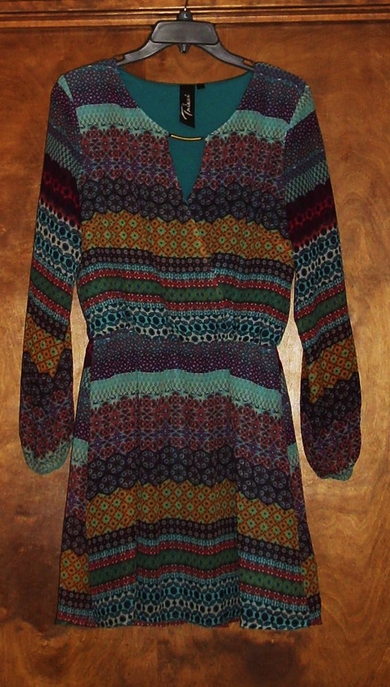 Trixxi Ladies LS, Fully-Lined, Scoop-Neck Dress, Sz Med, Multi-color, Polyester
