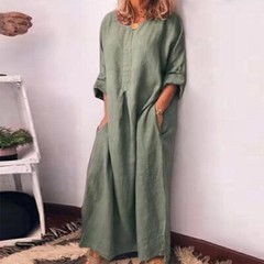 Ladies Side Split V-Neck Cotton Dress Casual Loose Longshirt Holiday Dress –