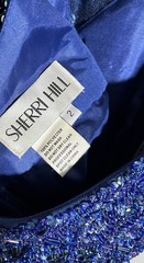 Sherri Hill Beaded Fit and Flare Cocktail Dress Cap Sleeve Blue Prom Formal Glam