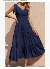 PRETTYGARDEN Solid Blue Smocked V-Neck Tie Strap Maxi Dress, Size M