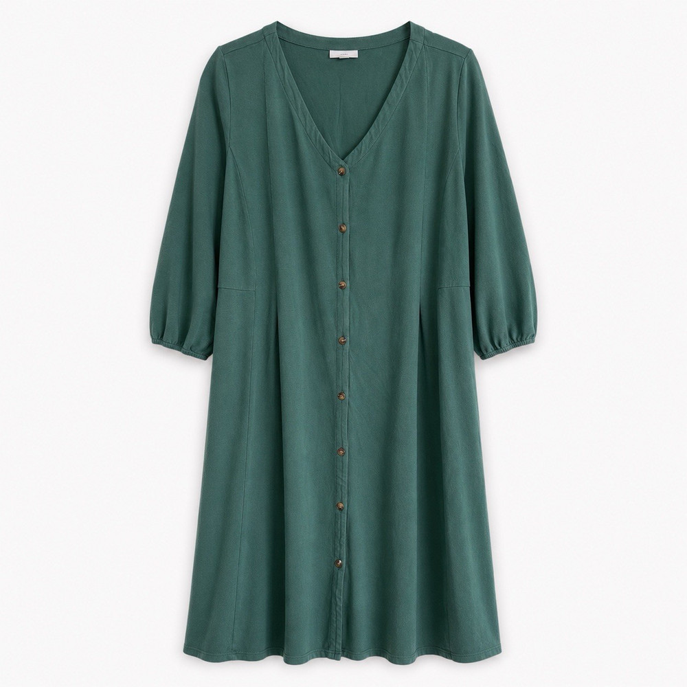 J.Jill Green Solid A-Line V-Neck Button Front Knit Dress 3/4 Sleeve M