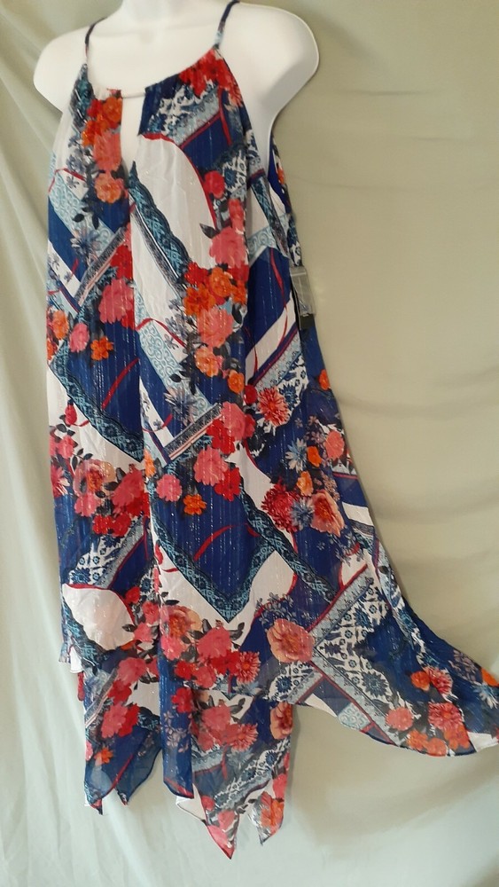 INC Blue Red White DRESS Long Sleeveless Sexy Floral Plus 1X 44&Prime; BUST
