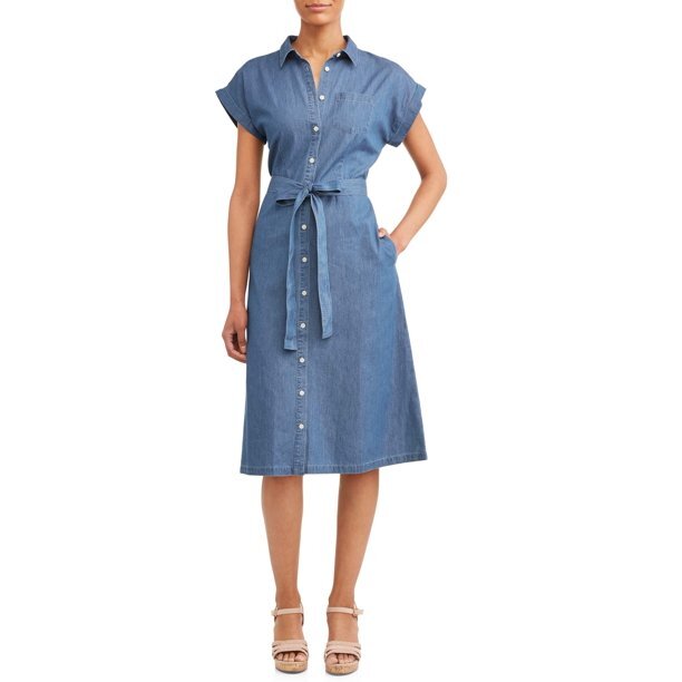 Time and Tru Belted Button down Lace Denim Sun summer beach casual picnic Dress