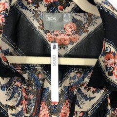 New ASOS Floral Stripe Print Puff Sleeve Sheer Mini Dress Black Multi Size 8