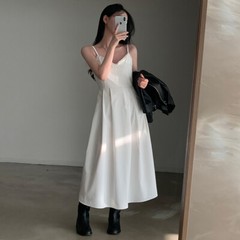 Elegant Womens V-Neck Lace Long Slip Dress Sleeveless Korean Casual A-Line Dress