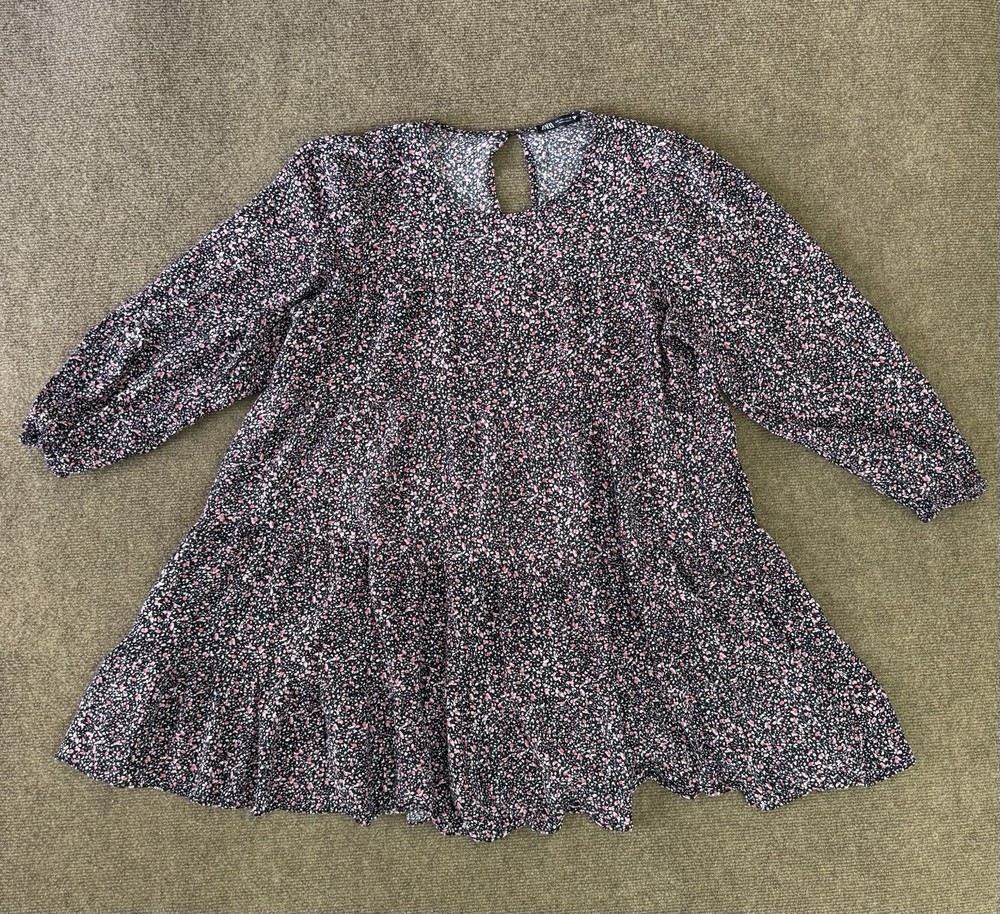 Zara Womens Dress Small Black Ditsy Floral Babydoll Tiered Cottagecore Prairie