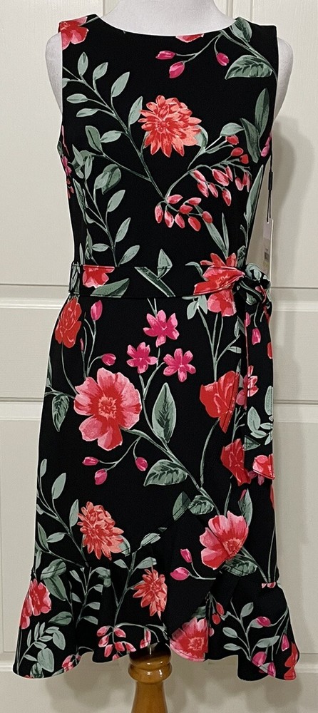 NWT Calvin Klein size 4 black green red floral sleeveless fit flare dress $118