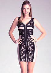 NEW bebe black beige Floral lace straps zipper bandage top dress S Small sexy
