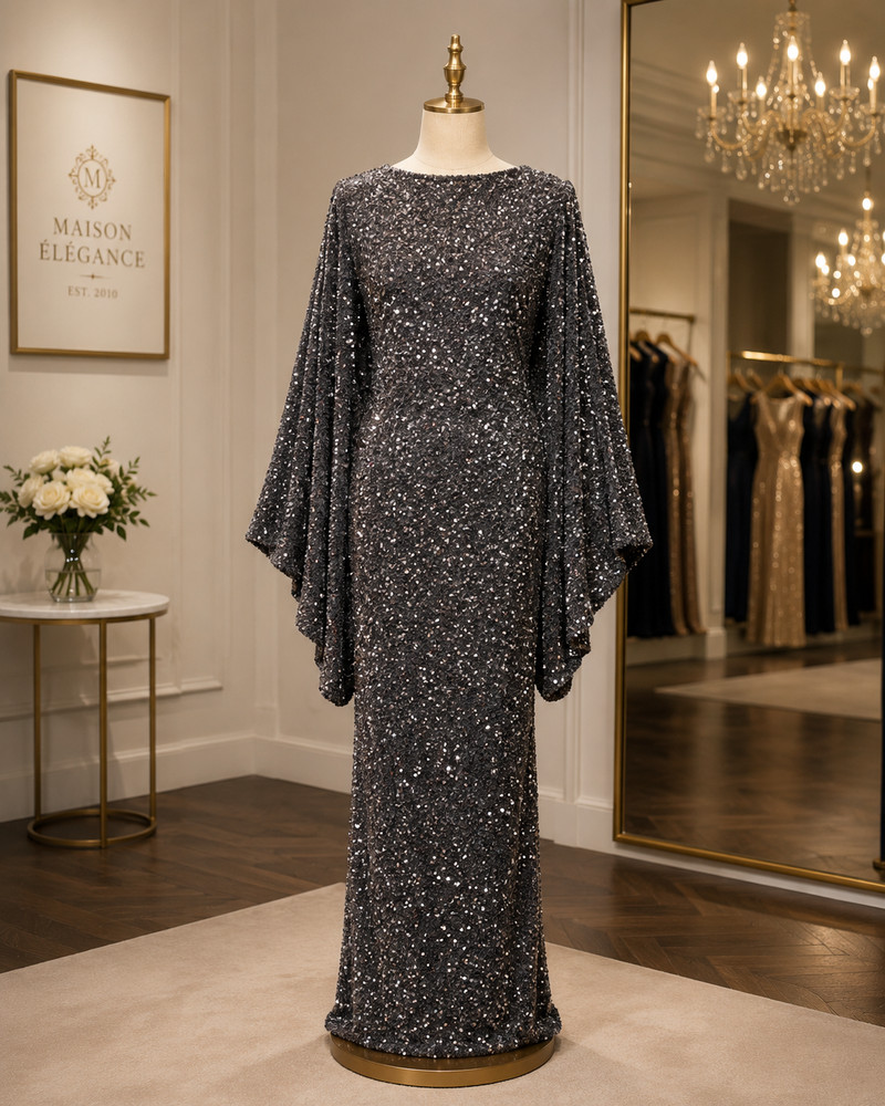 Custom Made Dark Gray Sequin Evening Gown with Dramatic Cape Sleeves Product De