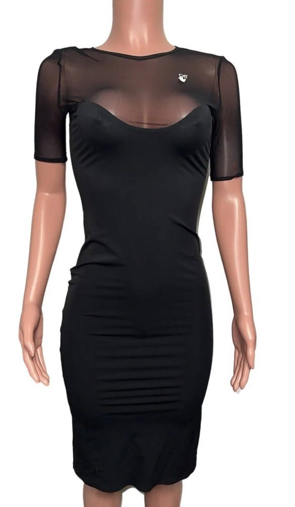 Off White Sheer Stretch Reversible Black Logo Zipper Midi Knee Dress Bodycon S