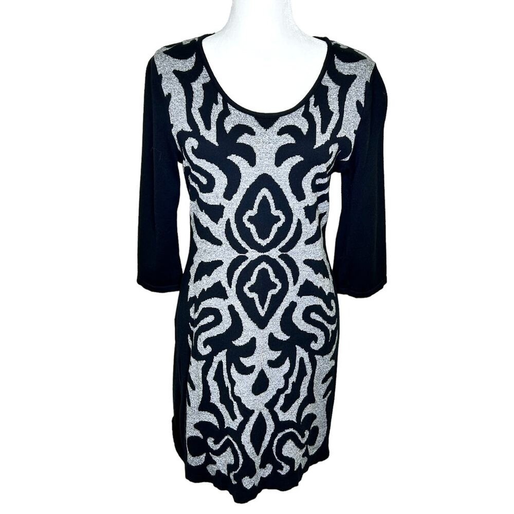 Style & Co. Black Gray Florentine Print 3/4 Sleeve Sweater Scoop Neck Dress LG