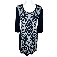 Style & Co. Black Gray Florentine Print 3/4 Sleeve Sweater Scoop Neck Dress LG