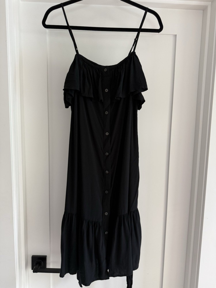 GAP Off Shoulder Button Front Midi Dress Black Rayon Ruffle Tie Waist M