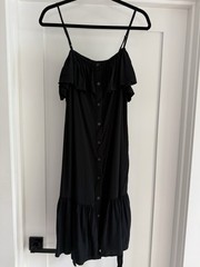 GAP Off Shoulder Button Front Midi Dress Black Rayon Ruffle Tie Waist M