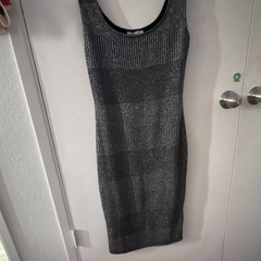Papaya Glitter Striped Knit Bodycon Dress L Black/Silver Scoop Neck Knee