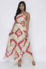 Teal and Red Multi Print Halter Neck Maxi Dress Size Small Tie Back Sharkbite