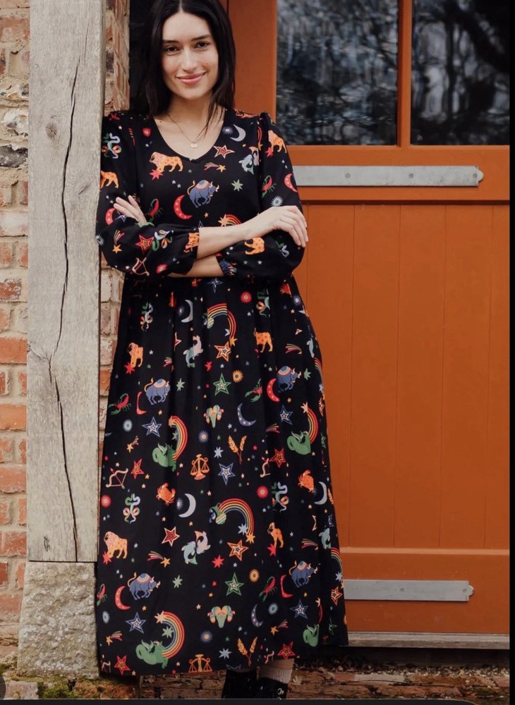 NWT Sugarhill Brighton Sidney Midi Smock Dress 8 Zodiac Rainbow Skies Black