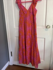J.Marie Womens Size Medium Orange Pink Sun Mara Ruffle Strap Tie Back Midi Dress