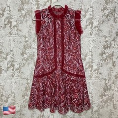 ML Monique Lhuillier Floral Lace Mini Dress with Sheer Ruffle Maroon/Oyster Pink