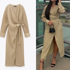 Zara Wrap Dress Fall Long Sleeve Textured Neutral Tan Midi Ankle Minimalist Med