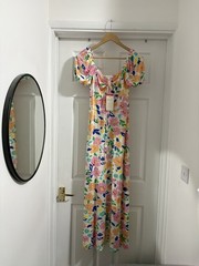 New Women’s Monsoon Cream Floral Puff Sleeve Jersey Maxi Dress size S 8-10
