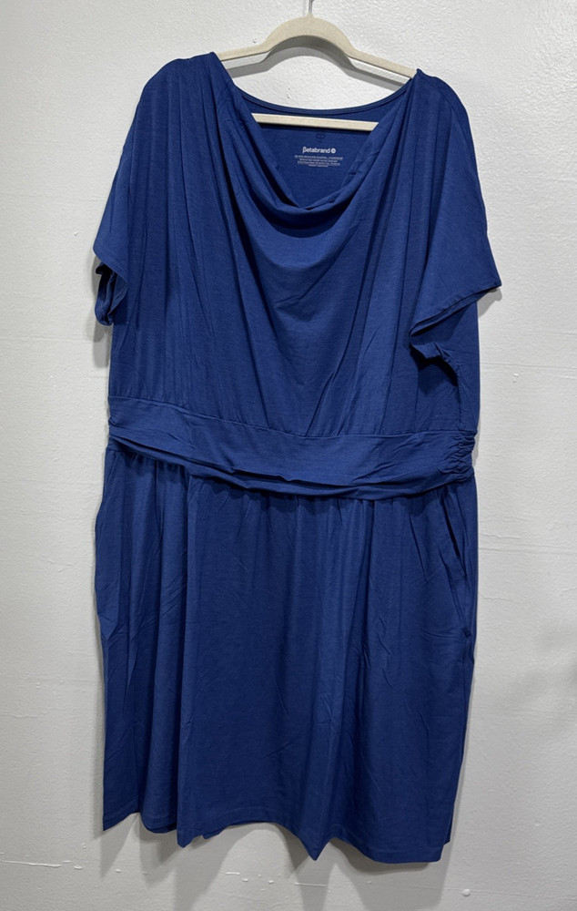 Betabrand Canopy Dress Blue 3X Cowl Neck Stretch Rushed Waistline Pockets