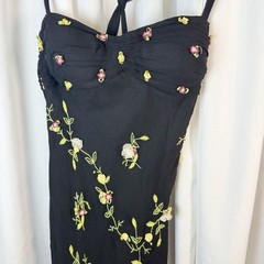 Scala 90s Y2K Pure Silk Black Floral Ribbon Midi Whimsigoth Dress Large Vtg