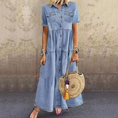 Retro Women Dresses 2022 Short Sleeve Turn Down Collar Pockets Button Long Loose