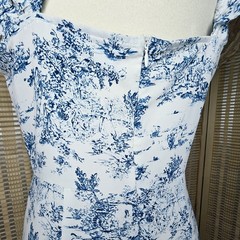 Blue And White Toile Flowy Maxi Dress with Ruffled Sweetheart Neckline, Size XL