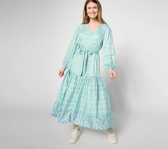 Destination 365 Printed Modal Tiered Maxi Dress w/Belt – Women&rsquo;s PS – Blue