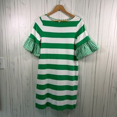 CROWN & IVY Striped Mini Dress Short Gingham Bell Sleeve in Green/White, Small
