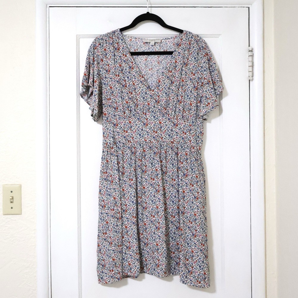 Loft Blue Red White Floral Flutter Sleeve Mini Dress L USA Patriotic Wedding
