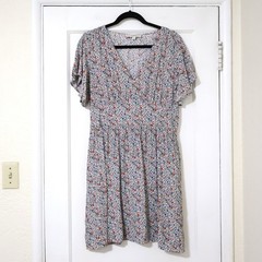 Loft Blue Red White Floral Flutter Sleeve Mini Dress L USA Patriotic Wedding