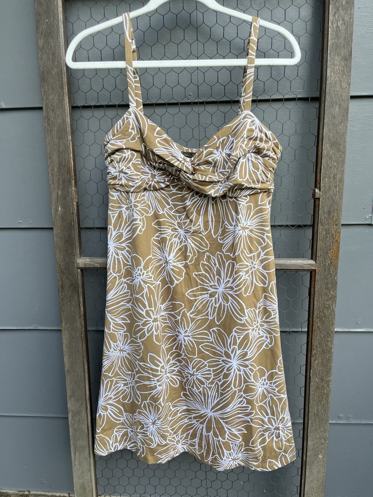 Tommy Bahama Cotton/Spandex Floral Summer Dress Knee Length Sz M Tan/White