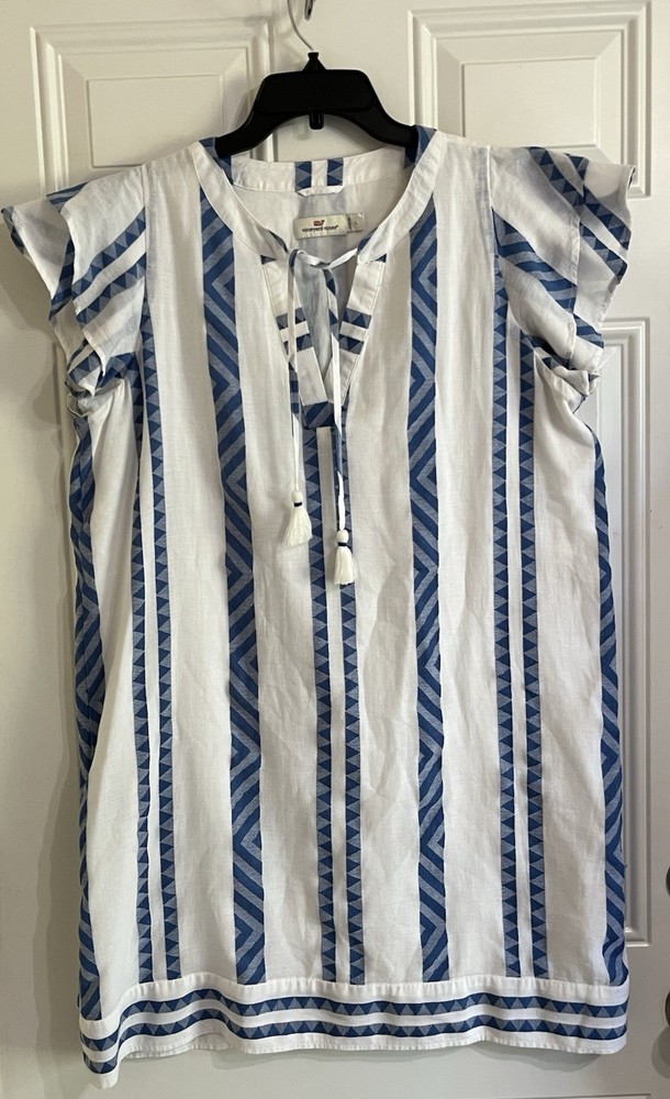 Vineyard Vines Harbor Performance Dress Women’s L White Blue Tunic Preppy Beach