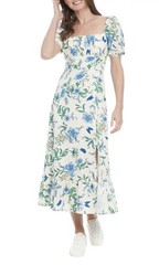 London Times Ivory Floral Puff-Sleeve Square-Neck Midi Dress with Ruffle Slit 14