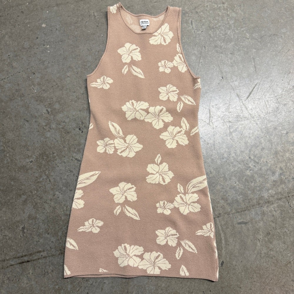 Rhythm Womens Floral Knit Mini Dress Tan Mauve Hibiscus Sleeveless Size L 2083