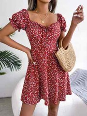 Spring Summer Square Collar Floral Ruffles Mini Dress Women Casual Flare Sleeves