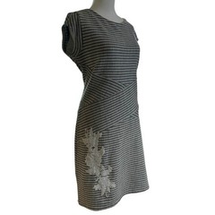 Disigual Jackson Boucle Stripe Gray White Dress Lace Applique Stretch Size XL