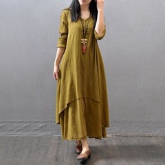 Womens Casual Kaftan Tunic Gypsy Maxi Dress Long Sleeve Cotton Linen Boho Dress