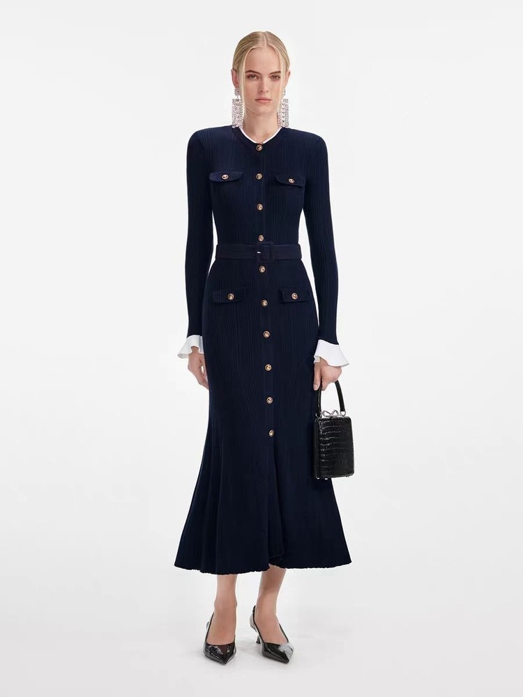 Self Portrait Knitted long-sleeved round-neck fishtail Dresses
