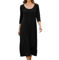 Eileen Fisher Black Knit Scoop Neck 3/4 Sleeve Midi Shift Dress Lyocell Silk S