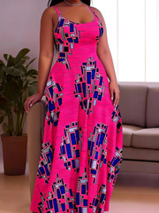 Plus Size Rose Red Abstract Maxi Dress Soft Stretch Straps 3XL 4XL 5XL