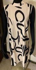 NEW DRESS L Ivory And Black Print Keyhole Neck Machine Washable Poly 40” Bust